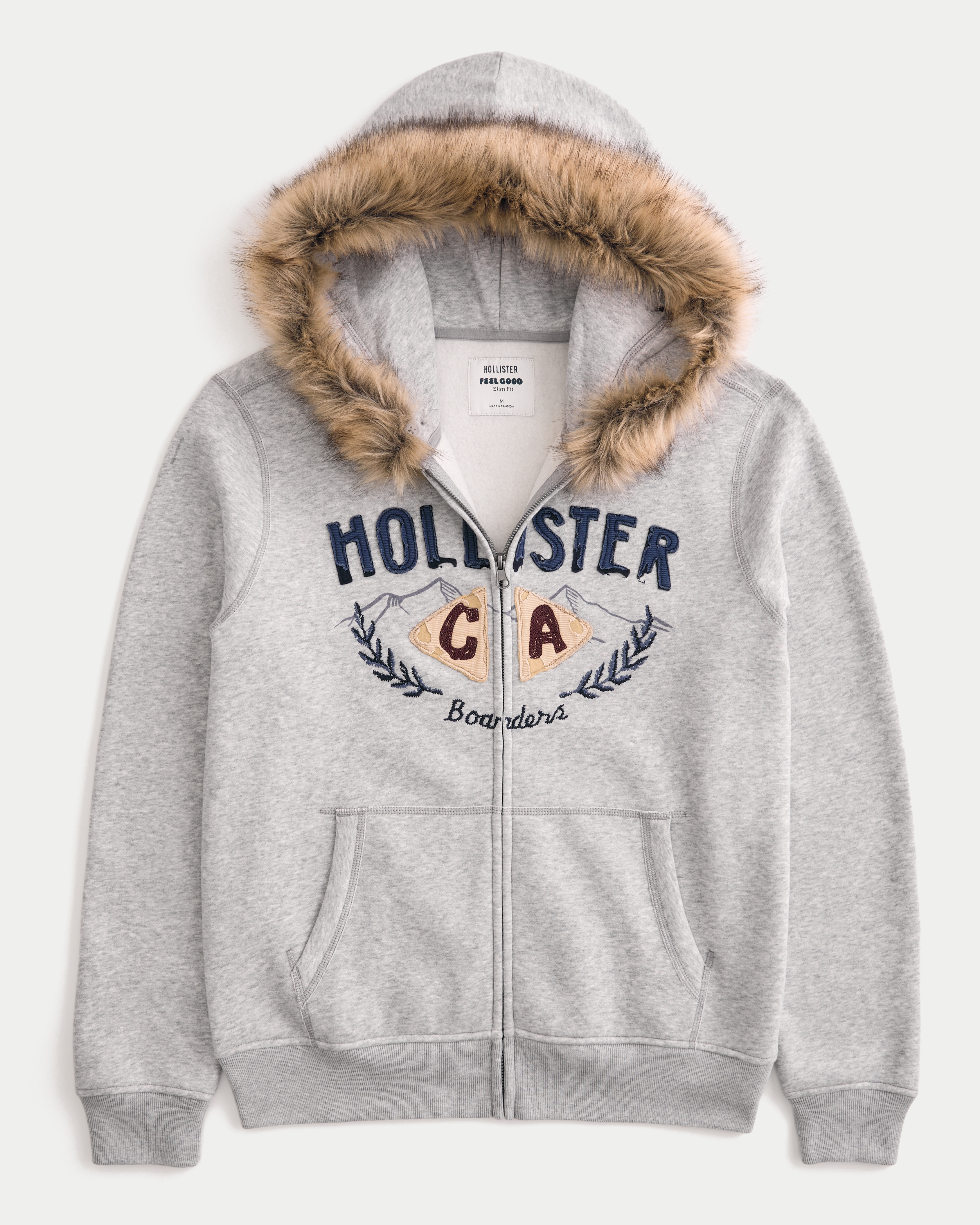 Hollister Feel Good Boxy Zip-Up Faux Fur Trim Graphic Hoodie