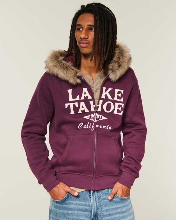 Hollister Feel Good Boxy Zip-Up Faux Fur Trim Graphic Hoodie