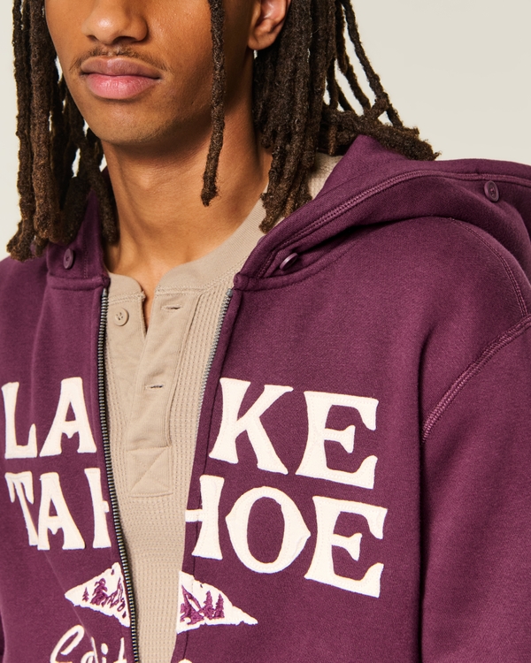 Men's Hollister Feel Good Boxy Zip-Up Faux Fur Trim Graphic Hoodie