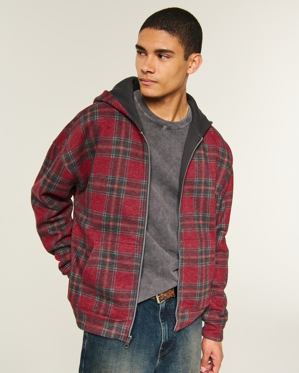 Reversible Zip-Up Hoodie, Charcoal - Red Plaid view 1