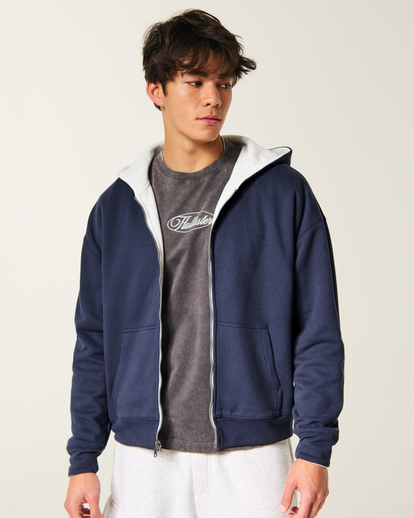 Reversible Zip-Up Hoodie, Light Heather Gray - Navy view 1