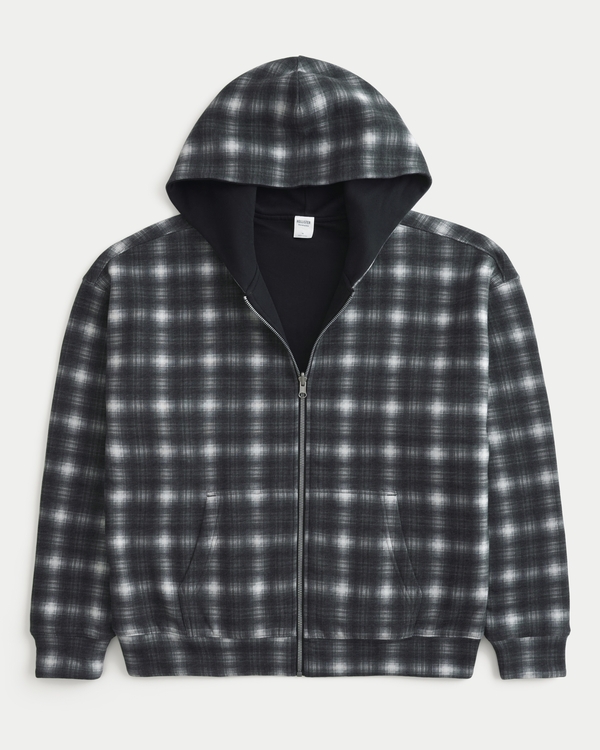 Reversible Zip-Up Hoodie, Black Plaid - Black view 1