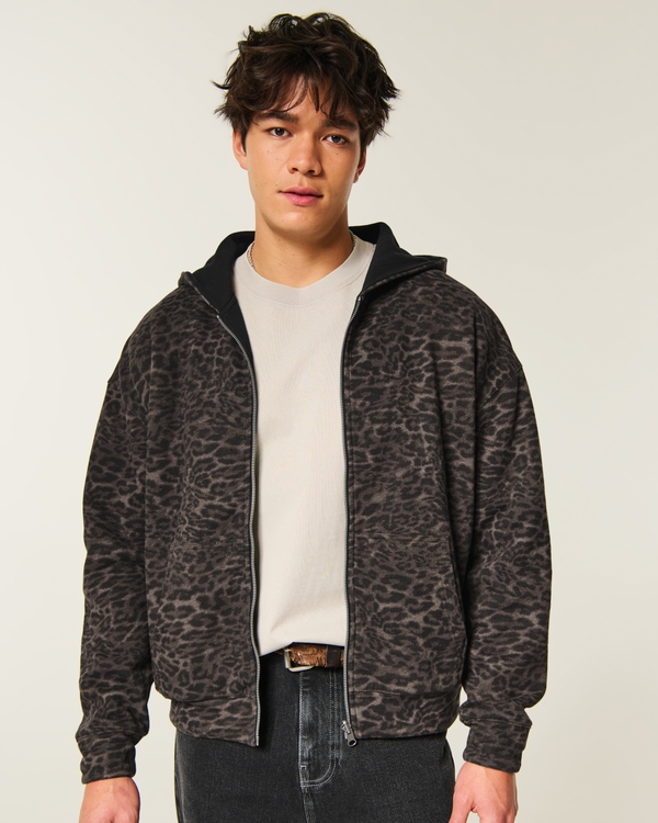 Reversible Zip-Up Hoodie, Brown Print - Black view 1