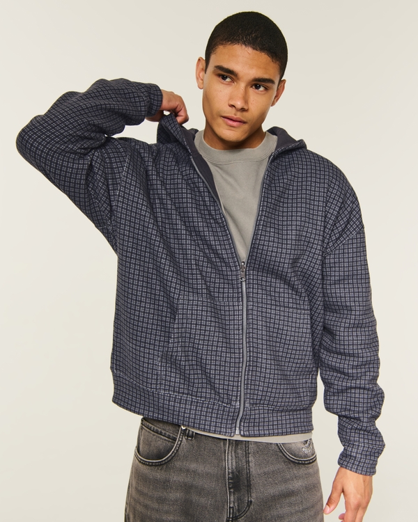 Reversible Zip-Up Hoodie, Black Plaid - Charcoal view 1