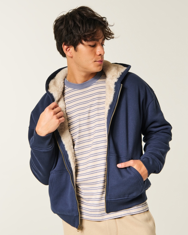 Boxy Faux Fur-Lined Zip-Up Hoodie, Navy view 1