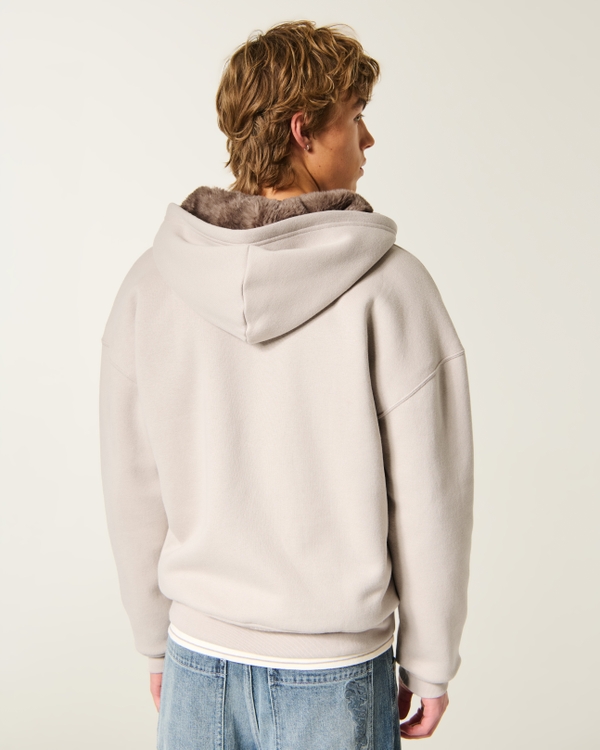 Boxy Faux Fur-Lined Zip-Up Hoodie, Mushroom view 2
