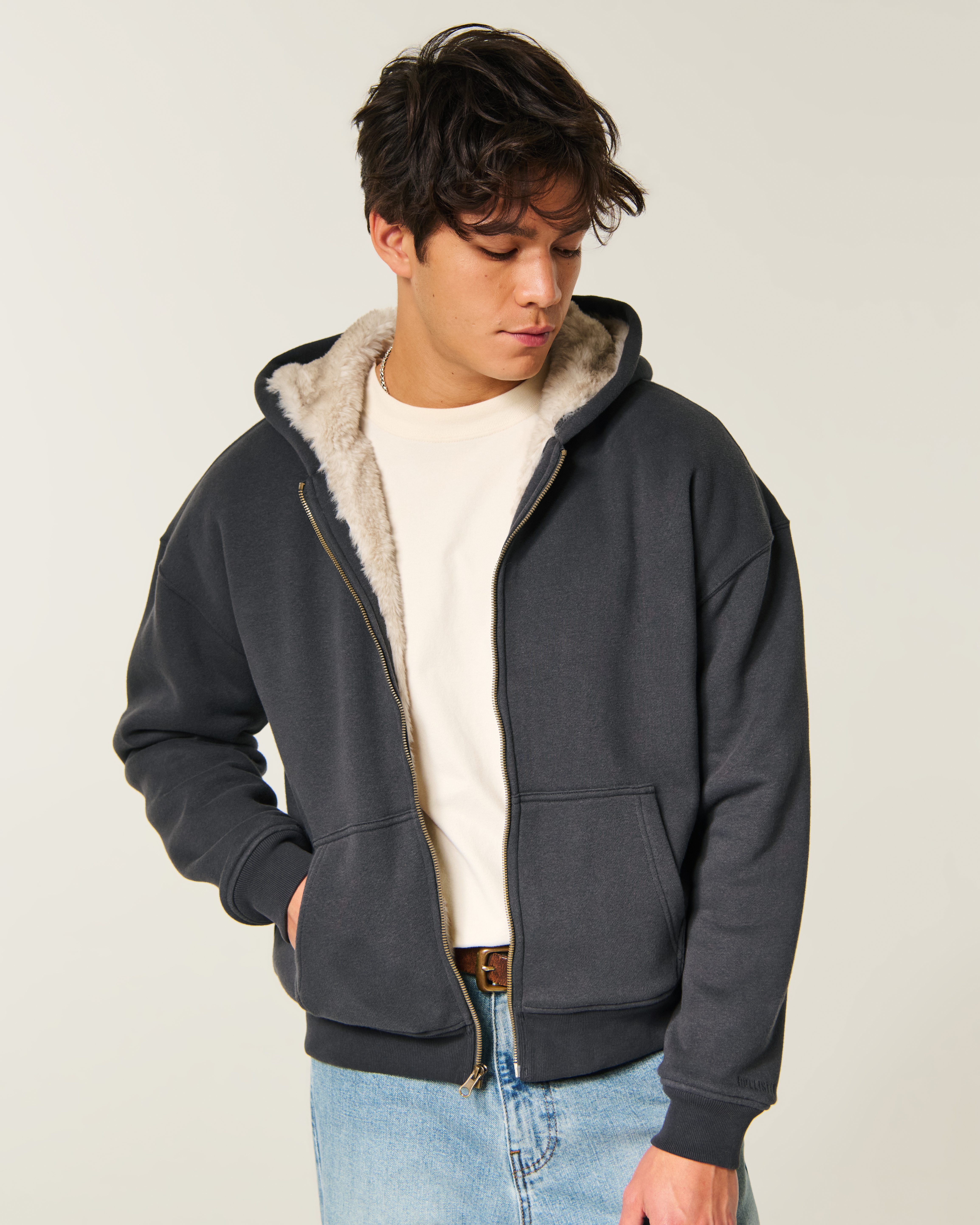 Boxy Faux Fur-Lined Zip-Up Hoodie
