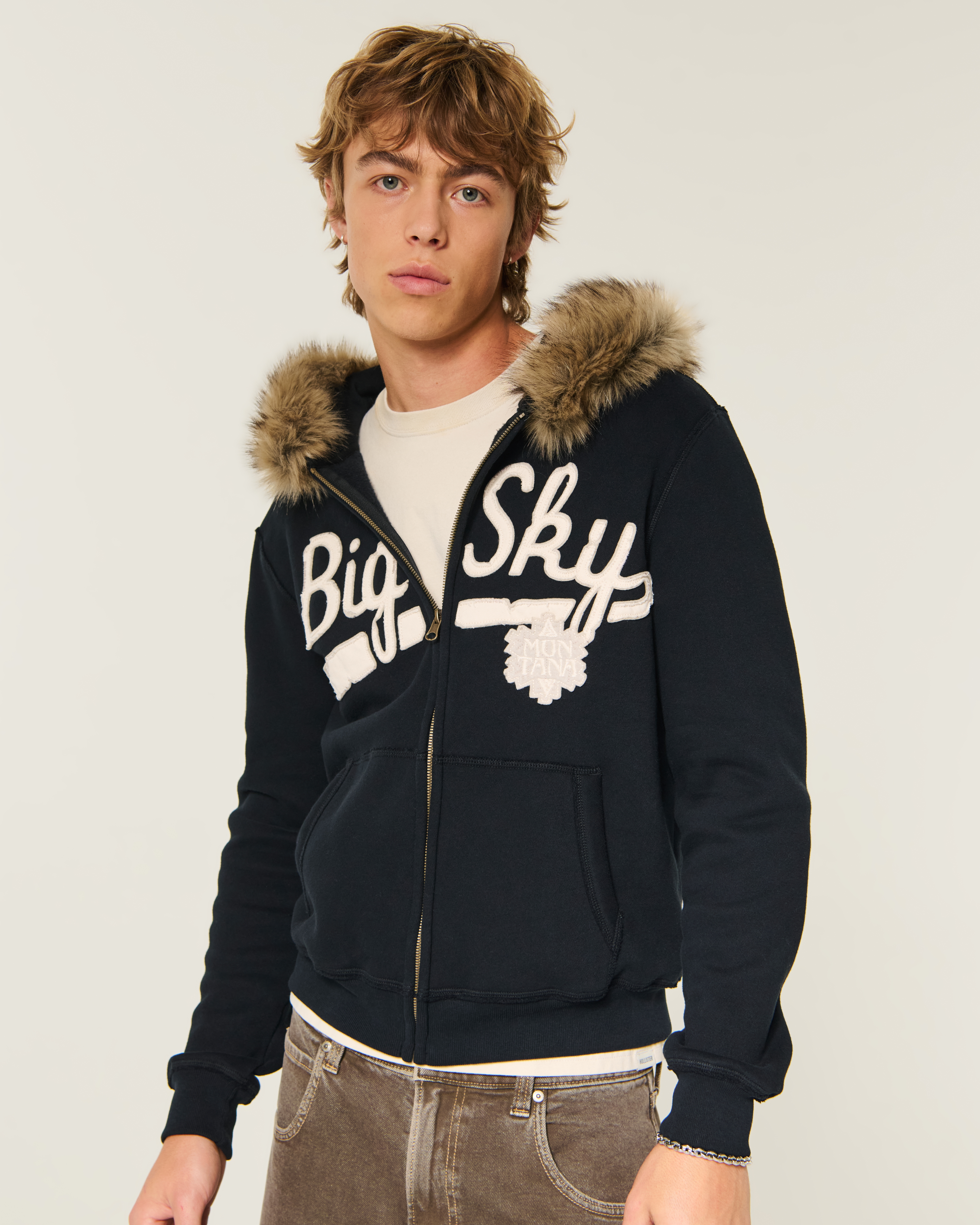 Faux Fur Trim Zip-Up Graphic Hoodie