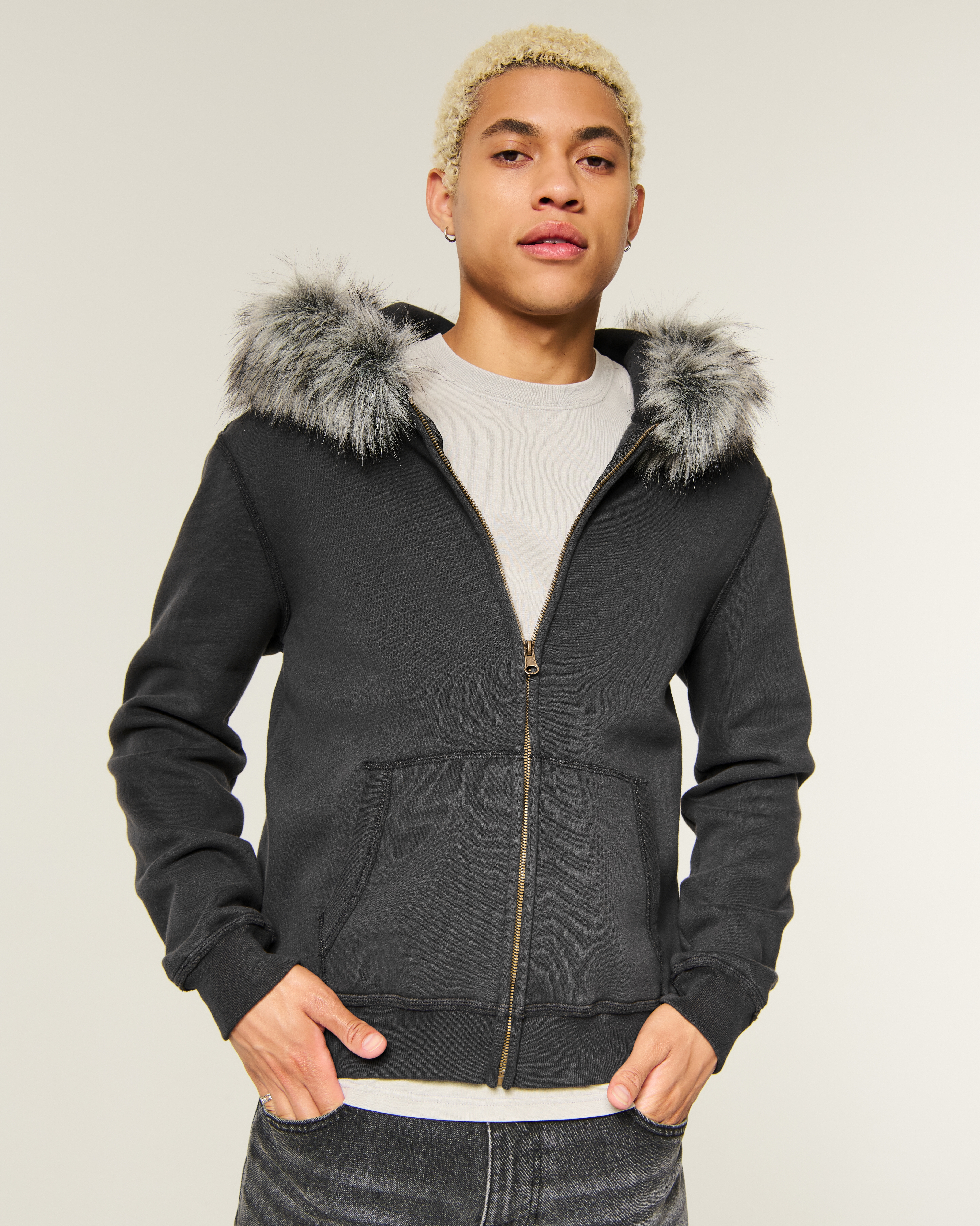 Faux Fur Trim Zip-Up Hoodie