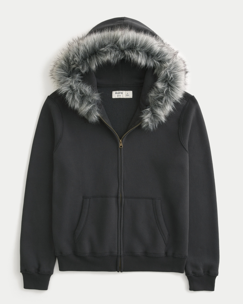 トップス Fur Trimming Hooded Zip-Up Melange Gray Men's Faux Fur Trim Zip-Up Hoodie | Men's Tops | HollisterCo.com