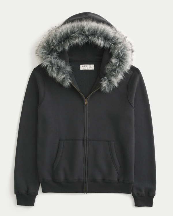 トップス Fur Trimming Hooded Zip-Up Melange Gray Men's Faux Fur Trim Zip-Up Hoodie | Men's Tops | HollisterCo.com