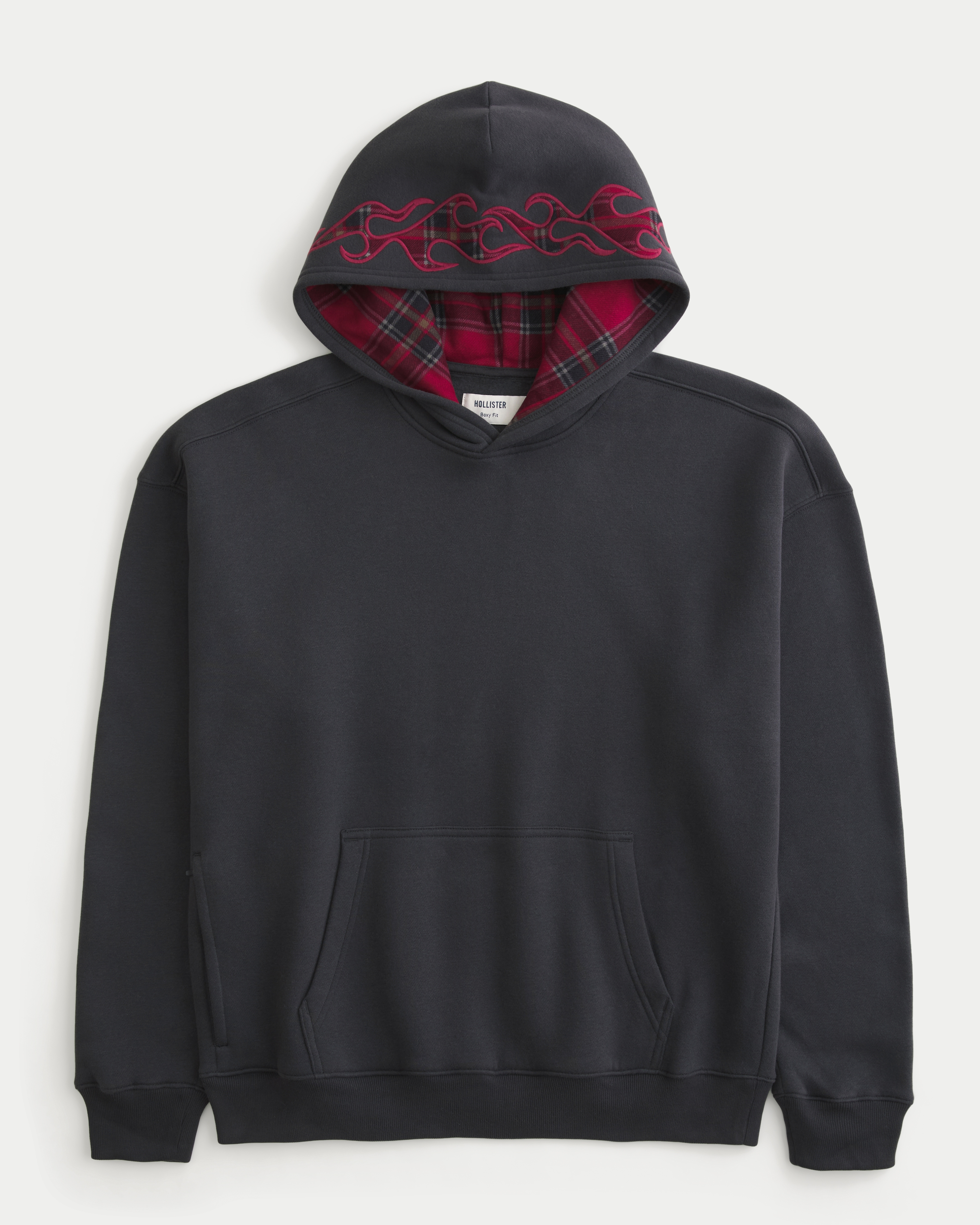 Boxy Plaid Flame Graphic Hoodie
