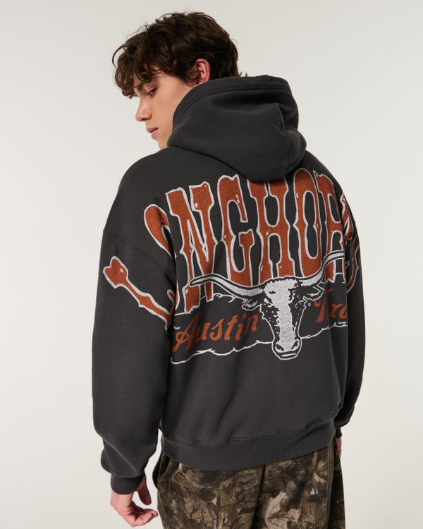Boxy Zip-Up University of Texas at Austin Longhorns Graphic Hoodie, Faded Black view 2