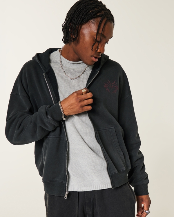 Hollister Feel Good Boxy Zip-Up Amor Graphic Hoodie, Black view 1