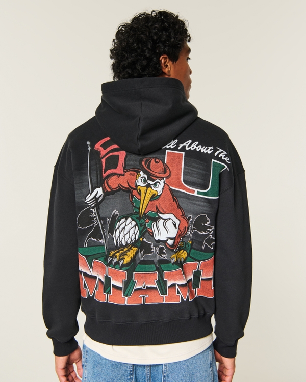 Boxy Zip-Up University of Miami Hurricanes Graphic Hoodie, Charcoal view 2