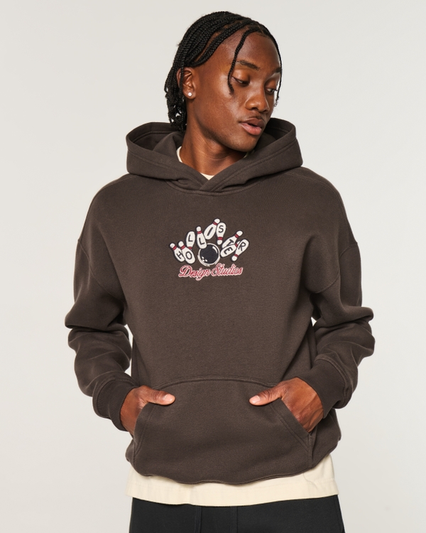 Boxy Bowling Logo Graphic Hoodie, Dark Brown view 1