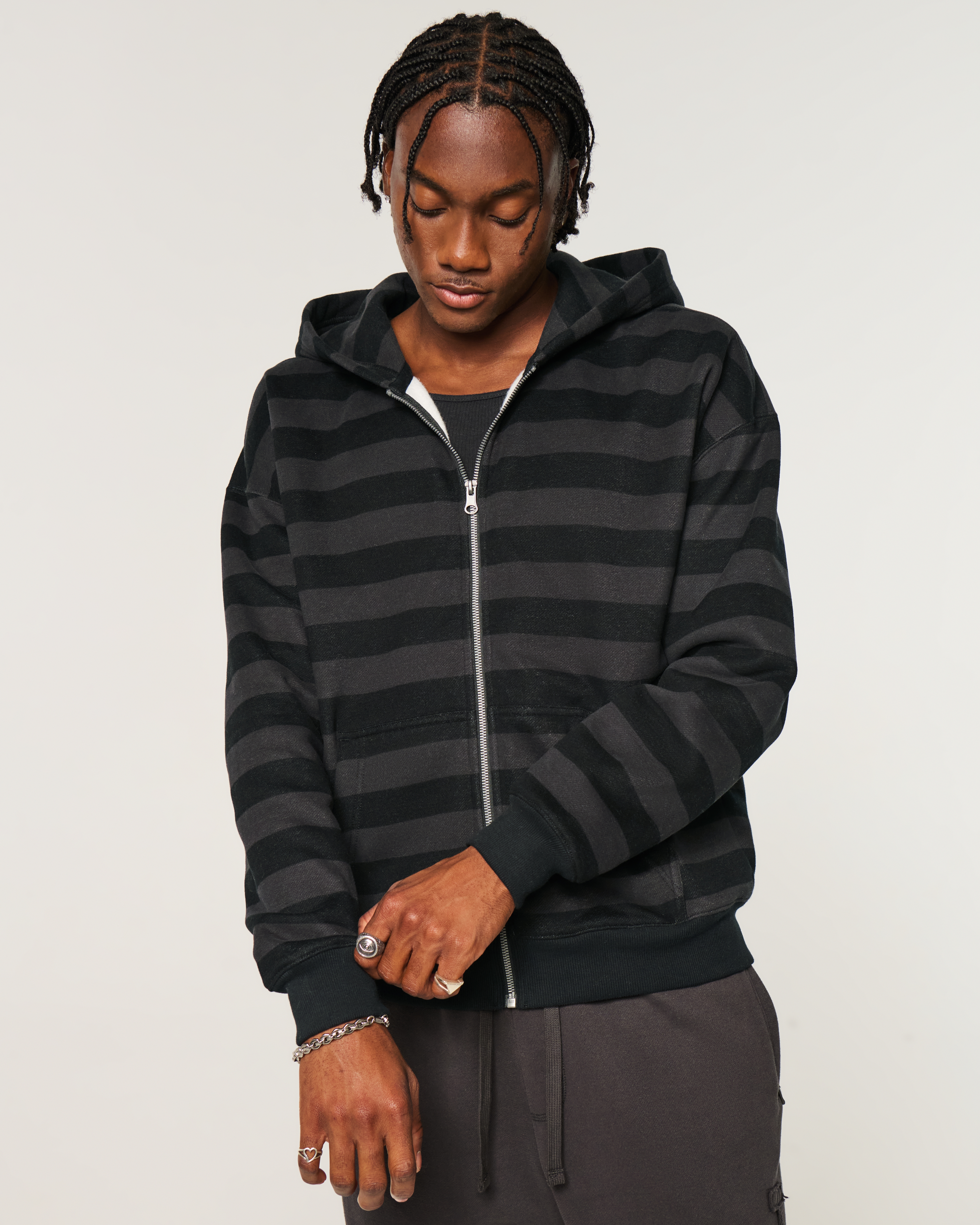 Boxy Striped Zip-Up Hoodie