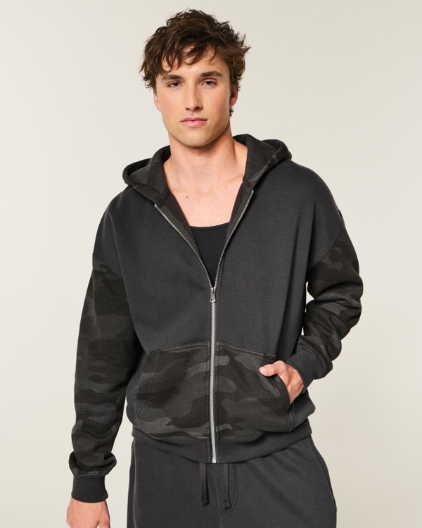 Boxy Camo Zip-Up Hoodie, Black view 1