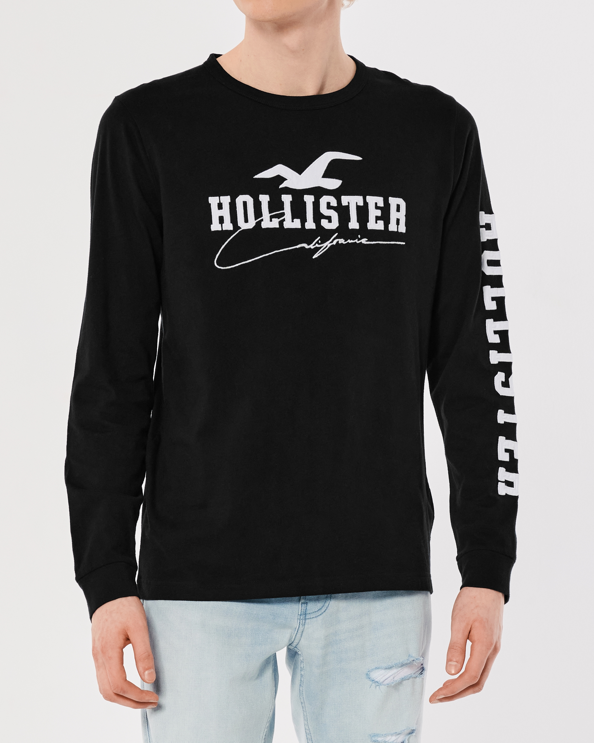 HOLLISTER LONG SLEEVE LOGO GRAPHIC TEE SHIRTS BLACK MENS SIZE MEDIUM