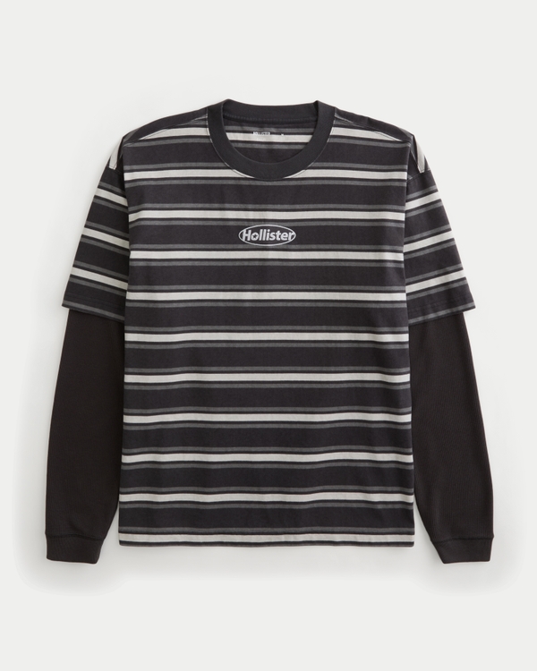 Boxy Layered 2-in-1 Microthermal Crew T-Shirt, Black Stripe view 1