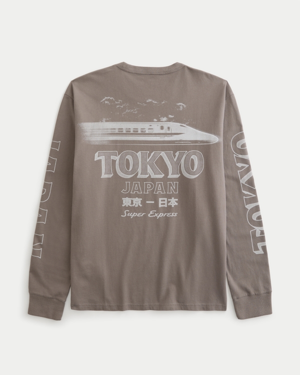 Relaxed Cotton Long-Sleeve Tokyo Graphic Tee, Gray view 1