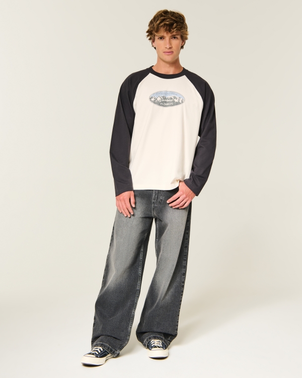 Boxy Heavyweight Long-Sleeve Italia Graphic Tee, Charcoal And Cream view 2