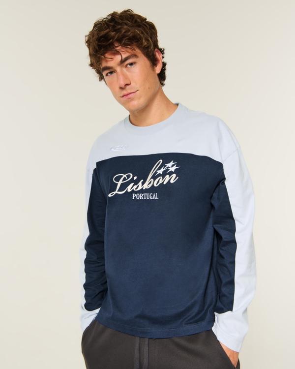 Boxy Heavyweight Long-Sleeve Lisbon Portugal Graphic Tee, Light Blue And Navy view 1