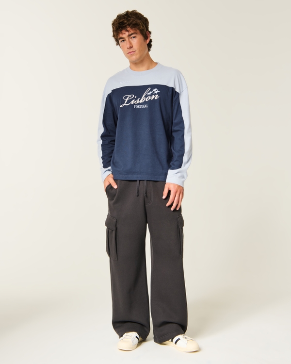 Boxy Heavyweight Long-Sleeve Lisbon Portugal Graphic Tee, Light Blue And Navy view 2
