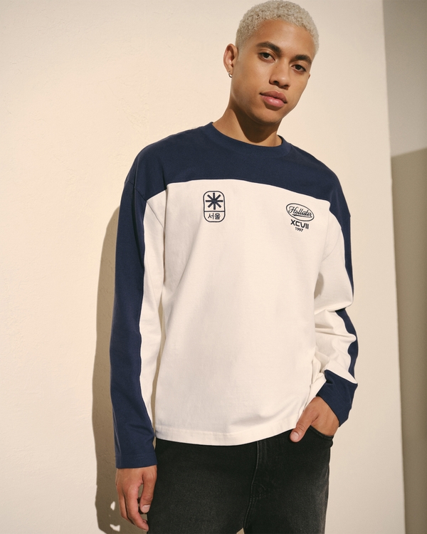 Boxy Heavyweight Long-Sleeve Seoul Graphic Tee, Navy And Cream view 1
