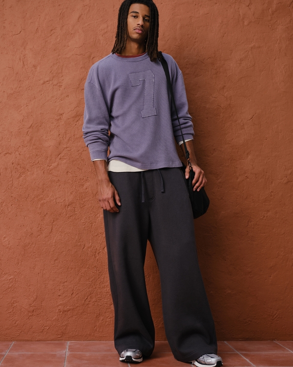 Boxy Long-Sleeve Thermal Number Graphic Tee, Purple Gray view 1