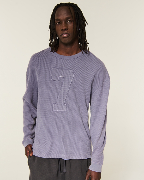 Boxy Long-Sleeve Thermal Number Graphic Tee, Purple Gray view 2