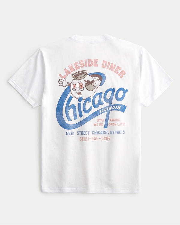 Relaxed Lakeside Diner Chicago Graphic Tee, White