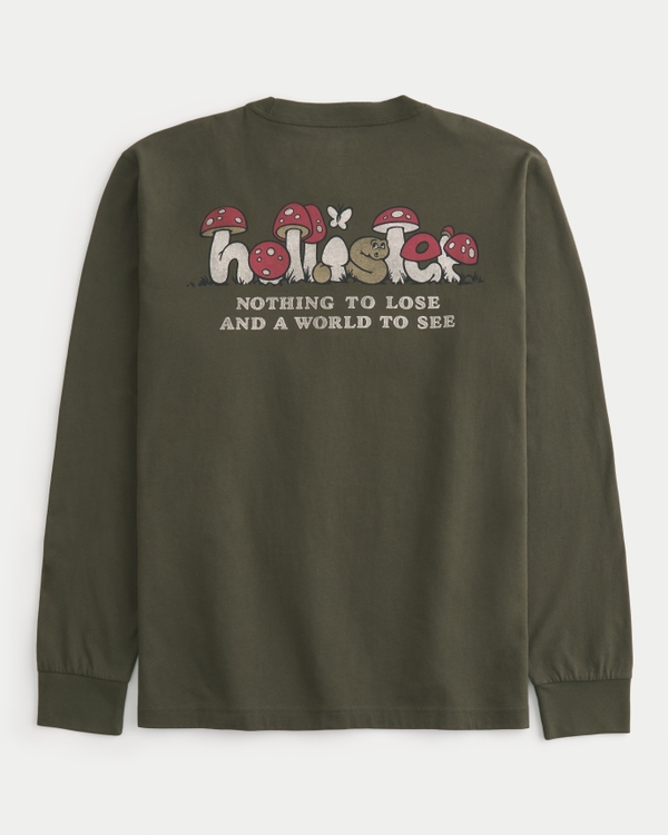 Relaxed Long-Sleeve Mushroom Logo Graphic Tee, Dark Olive