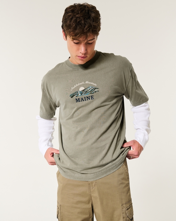 Boxy Heavyweight Maine Graphic Tee, Washed Dark Olive