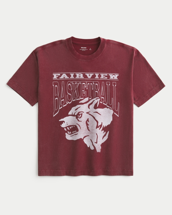 ボクシー ヘビーウェイト、Fairview BasketballグラフィックTシャツ, フェード バーガンディー view 1