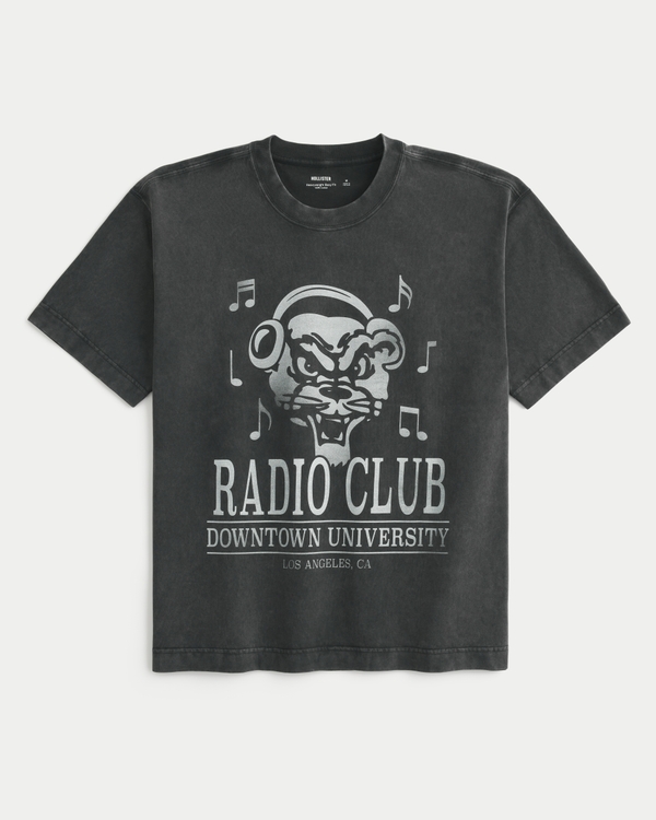 方正版型重身 Radio Club 圖案 T 恤, 黯淡黑色 view 1