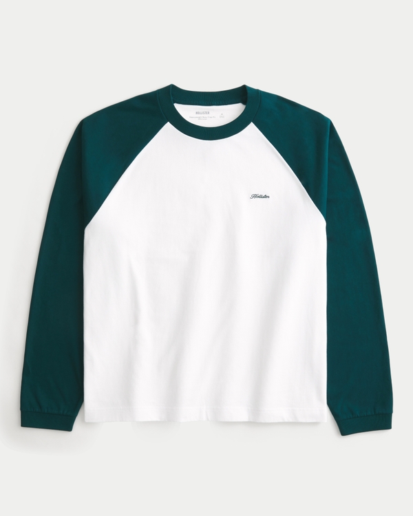ボクシー クロップ ヘビーウェイト 長袖 ロゴ クルーネックTシャツ, ダークグリーン/ホワイト view 1