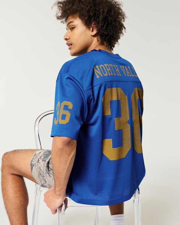 Boxy Crop Mesh North Valley Graphic Jersey, Blue view 1