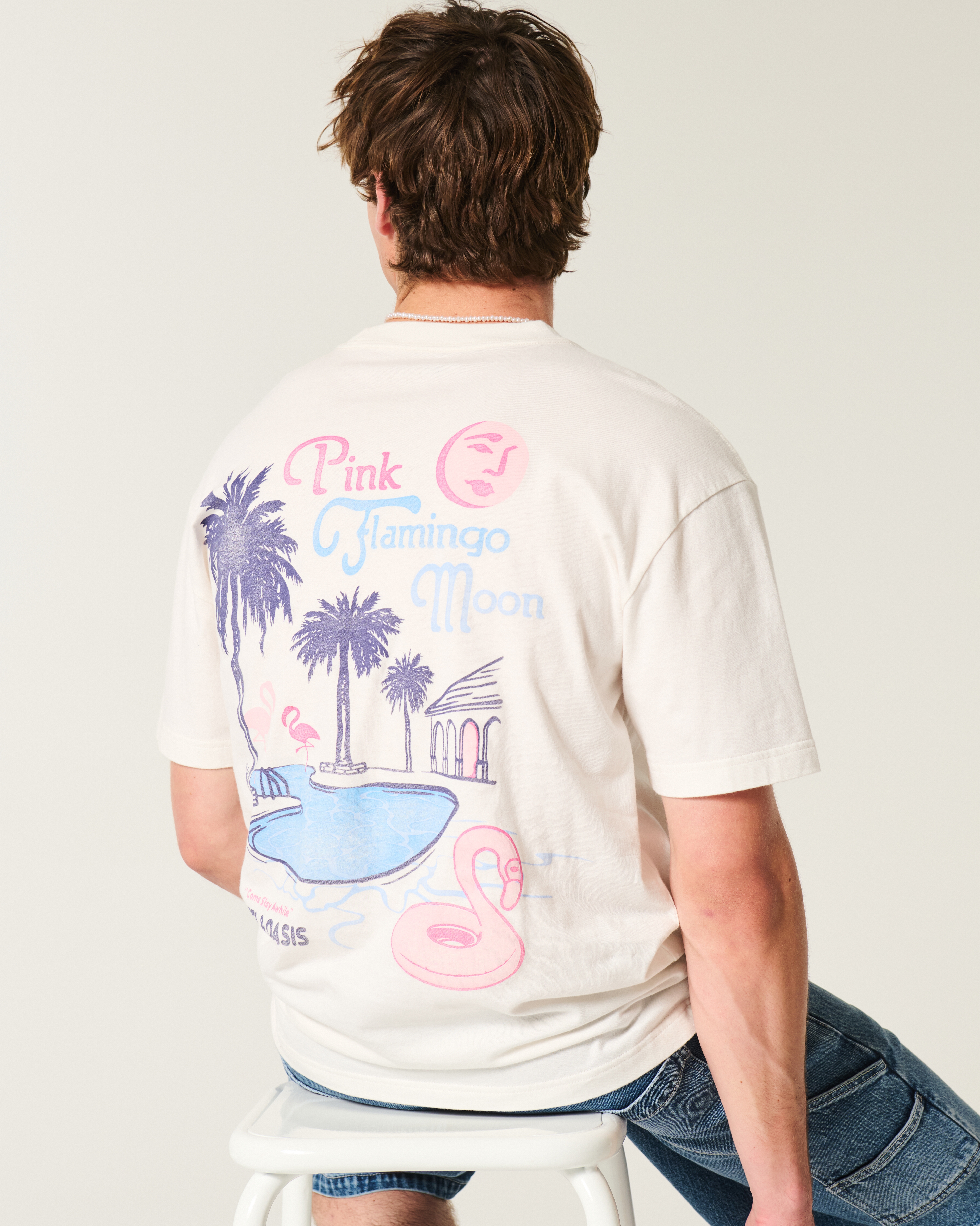 Men's Boxy Pink Flamingo Moon Hotel Graphic Tee | Men's Tops