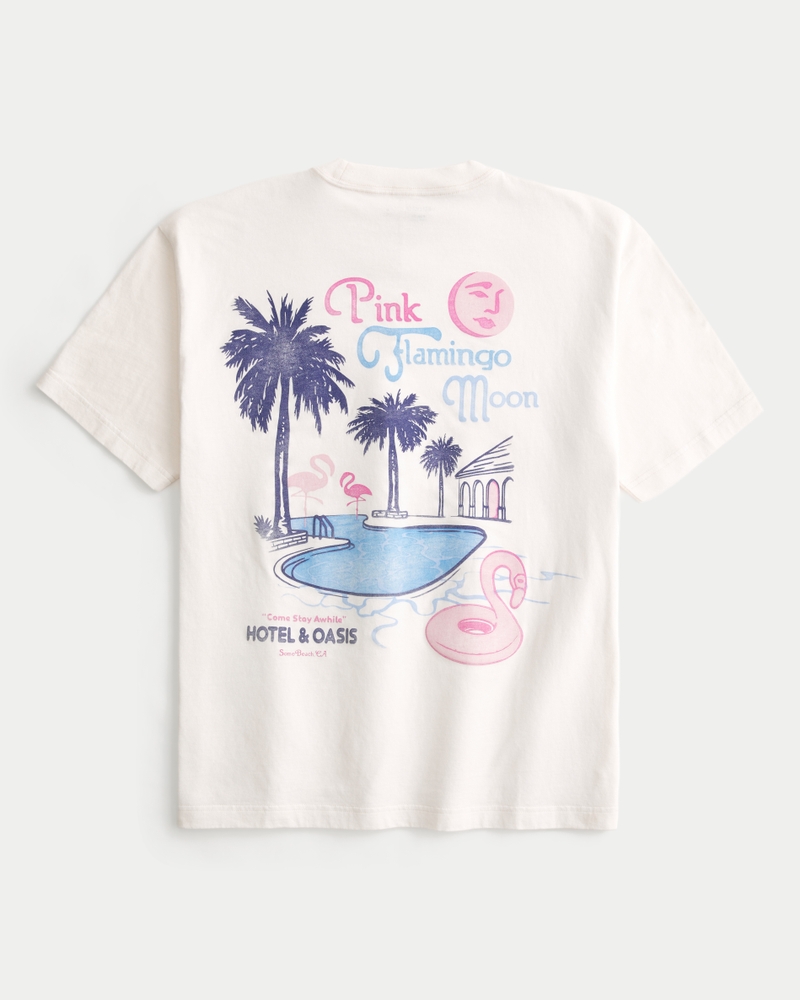 Men's Boxy Pink Flamingo Moon Hotel Graphic Tee Men's Tops