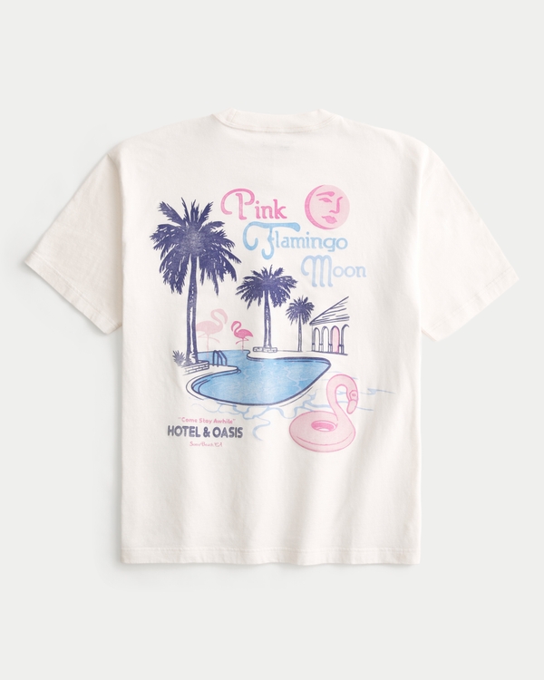 Boxy Pink Flamingo Moon Hotel Graphic Tee, Cream view 1