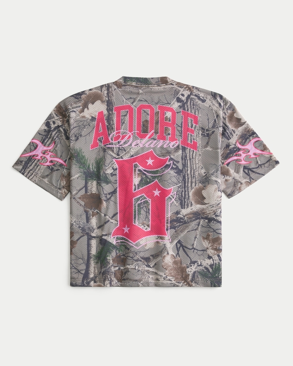 Boxy Crop Adore Delano Graphic Camo Football Jersey, Light Brown Camo view 1