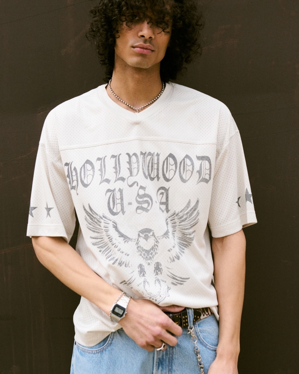 Baggy Hollywood Graphic Football Jersey, Cream view 1