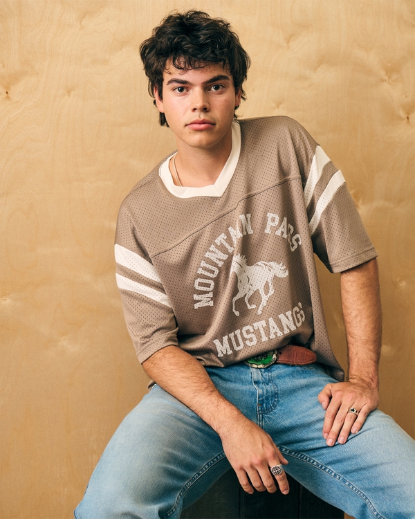 Boxy Crop Mountain Pass Mustangs Graphic Jersey, Dark Tan view 1