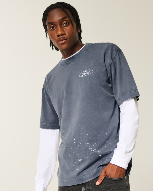 Boxy Heavyweight Ford Graphic Tee, Washed Dark Slate With Spray view 1