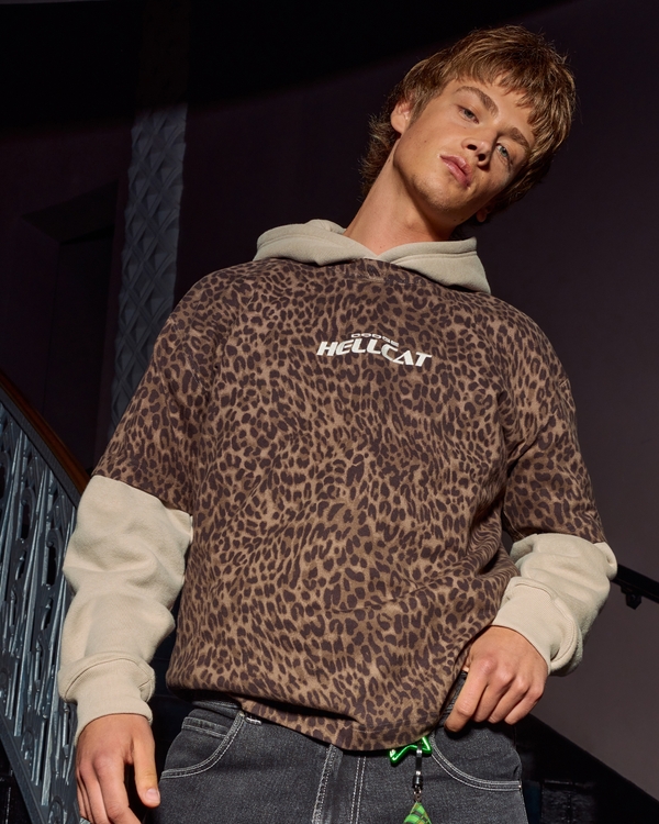 Boxy Heavyweight Leopard Print Dodge Hellcat Graphic Tee, Dark Brown Print view 1