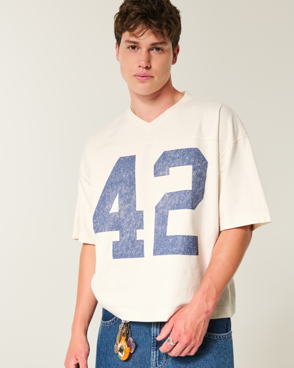 Heavyweight Baggy Crop Varsity Graphic Football Tee, Cream view 1