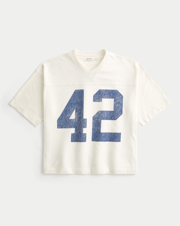 Heavyweight Baggy Crop Varsity Graphic Football Tee, Cream view 1