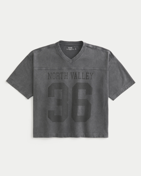 Heavyweight Baggy Crop Varsity Graphic Football Tee, Washed Black view 1