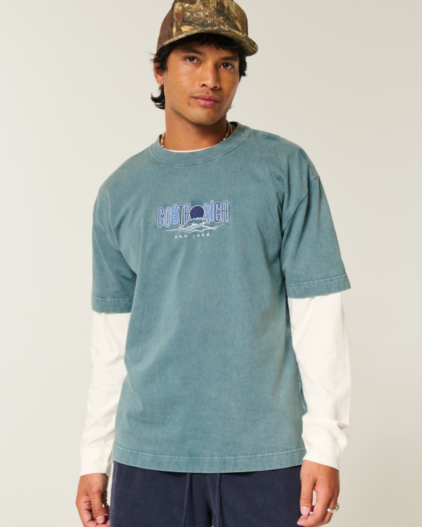 ボクシー ヘビーウェイト Costa Rica グラフィックTシャツ, ウォッシュ ダークティール view 1